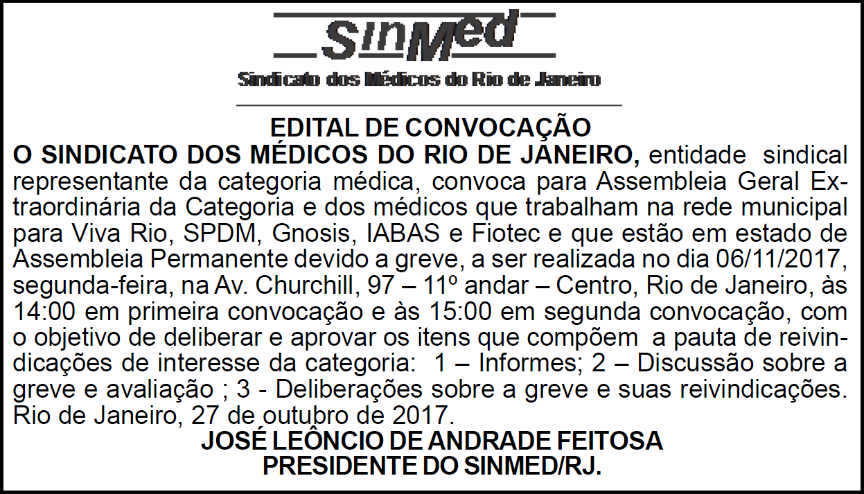 EDITAL DE CONVOCAÇÃO – ASSEMBLEIA GERAL EXTRAORDINÁRIA 06/11/2017