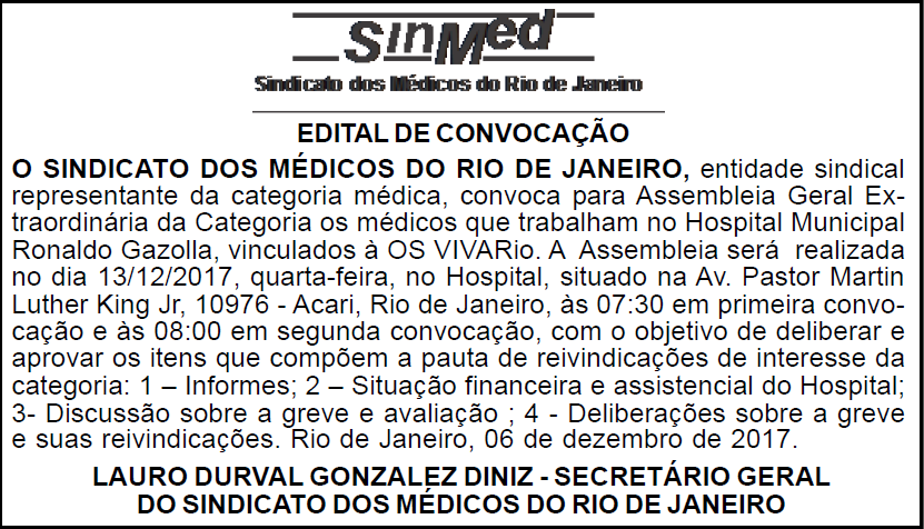 Assembleia dos Médicos do Hospital Municipal Ronaldo Gazzolla – 13/12/2017