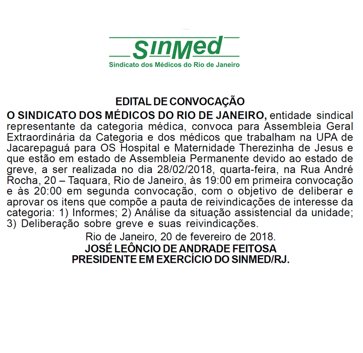 Assembleia dos Médicos – UPA de Jacarepaguá e Maternidade Therezinha de Jesus – 28/02/18 – 19h⠀⠀⠀⠀⠀⠀⠀⠀⠀⠀⠀⠀⠀⠀⠀⠀⠀⠀⠀⠀⠀⠀⠀⠀⠀⠀⠀⠀⠀⠀⠀⠀⠀⠀⠀⠀⠀⠀⠀⠀
