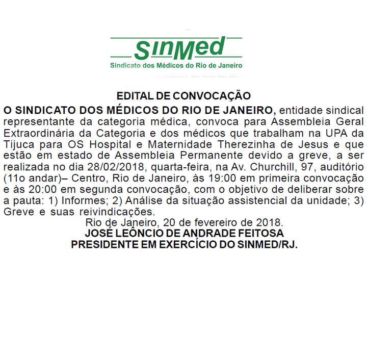 Assembleia de médicos – UPA Tijuca e Maternidade Therezinha de Jesus – 28/02/2018 – 19h⠀⠀⠀⠀⠀⠀⠀⠀⠀⠀⠀⠀⠀⠀⠀⠀⠀⠀⠀⠀⠀⠀⠀⠀