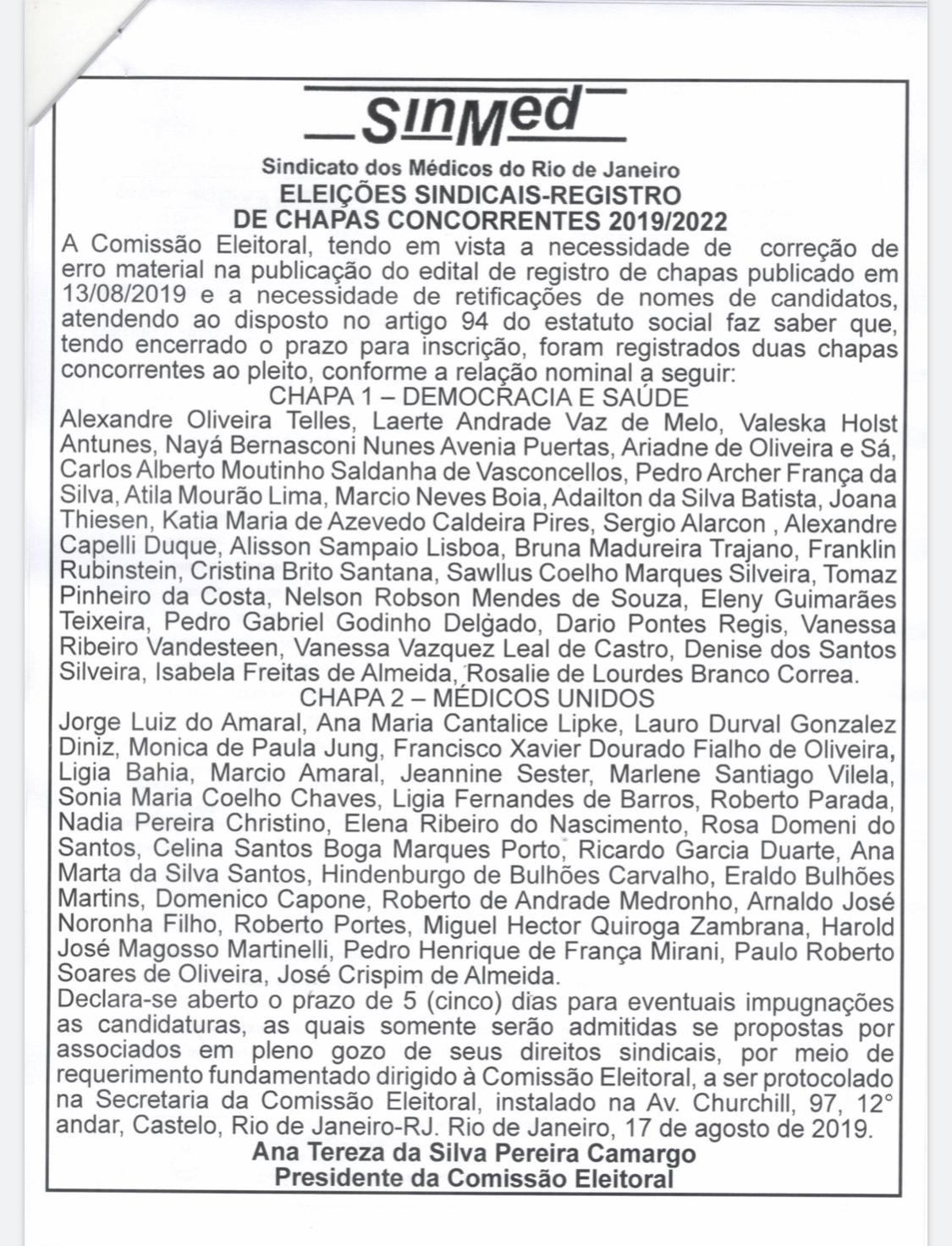 Edital Eleições SinMed/RJ, correção