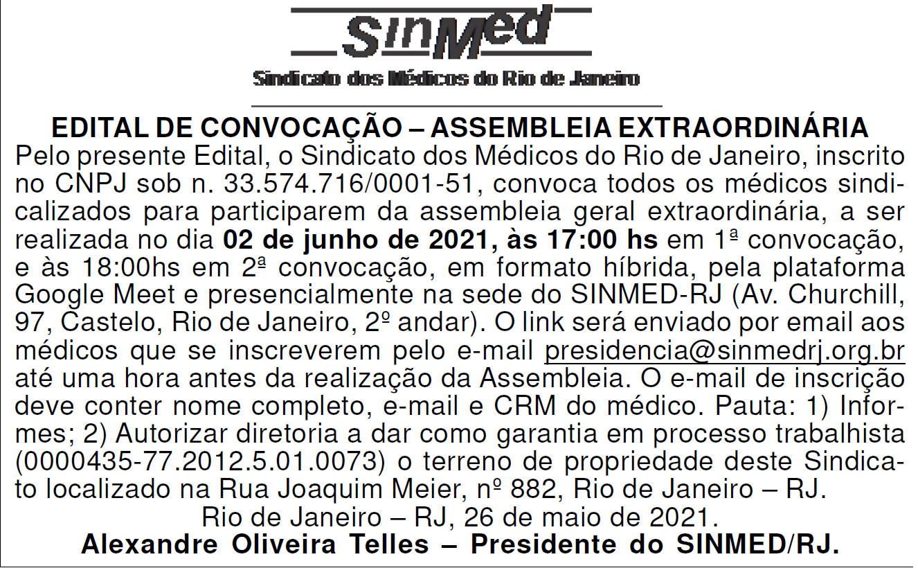 ASSEMBLEIA EXTRAORDINÁRIA – 02 de junho de 2021