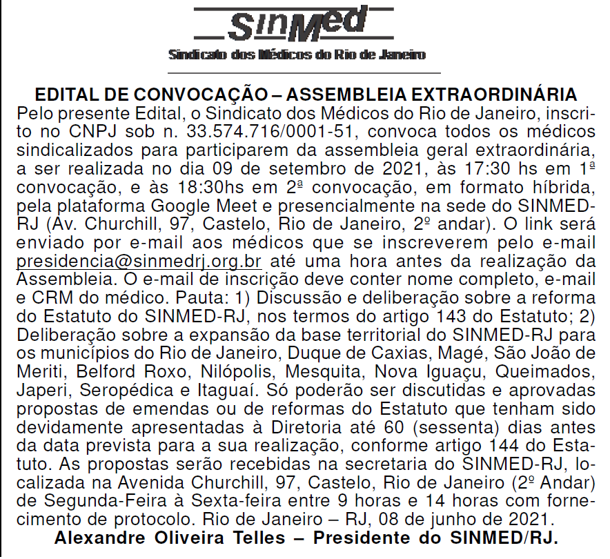 EDITAL DE CONVOCAÇÃO – ASSEMBLEIA EXTRAORDINÁRIA 09/09/2021