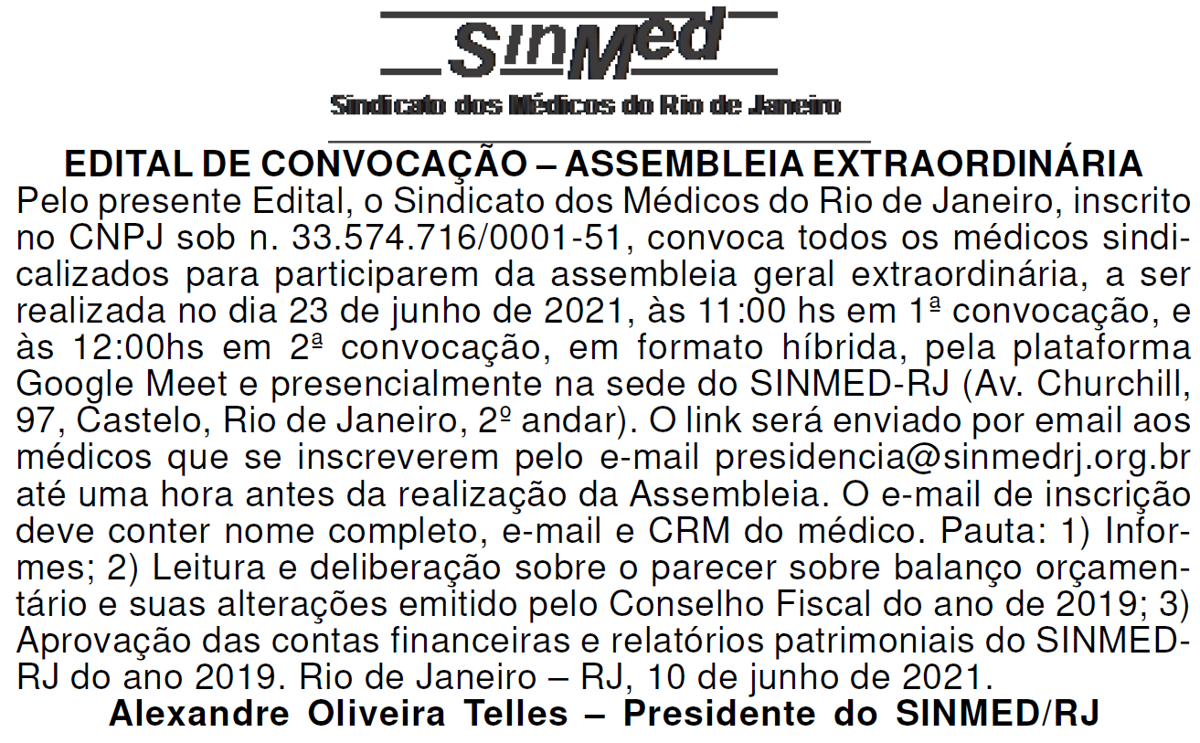EDITAL DE CONVOCAÇÃO – ASSEMBLEIA EXTRAORDINÁRIA 23/06/2021